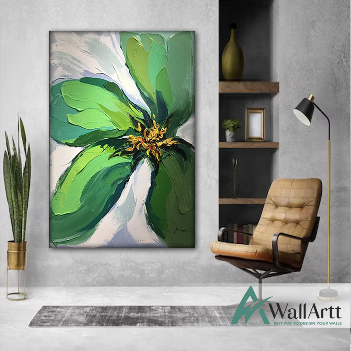 Green Flower 3d Heavy Textured Partial Oil Painting